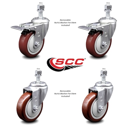 Service Caster 4 Inch Maroon Polyurethane Swivel 12mm Stem Caster Total Lock Brake, 2PK SCC-TSTTL20S414-PPUB-MRN-M1215-2-S-2